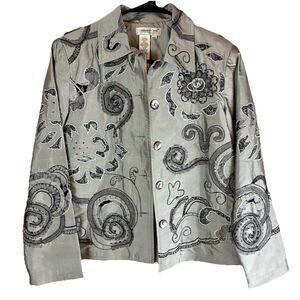 Coldwater Creek Women’s Lined Silver Embroidered Silk Blend Jacket Sz Petite XS